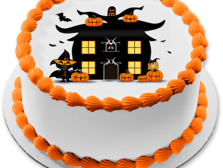 Happy Halloween Haunted House Pumpkins and Bats Edible Cake Topper Image ABPID56711 For Sale