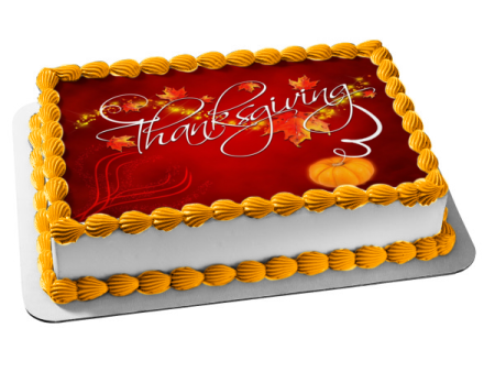 Happy Thanksgiving Pumpkins and Fall Colored Leaves Edible Cake Topper Image ABPID56754 on Sale