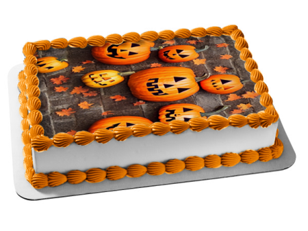 Happy Halloweens Happy Jack O  Lanterns with Fall Colored Leaves Edible Cake Topper Image ABPID56724 For Discount