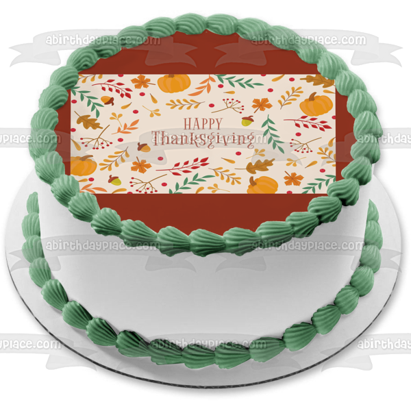 Happy Thanksgiving Pumpkins and Fall Colored Leaves Edible Cake Topper Image ABPID56753 Online now