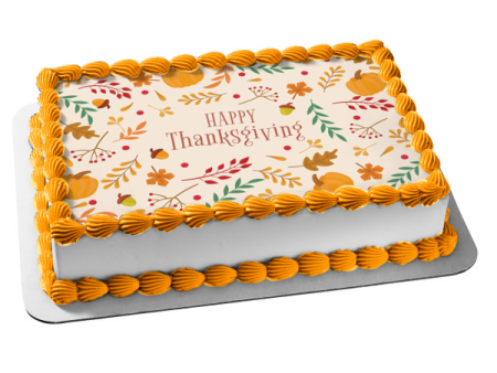 Happy Thanksgiving Pumpkins and Fall Colored Leaves Edible Cake Topper Image ABPID56753 Online now