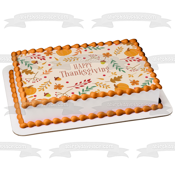 Happy Thanksgiving Pumpkins and Fall Colored Leaves Edible Cake Topper Image ABPID56753 Online now