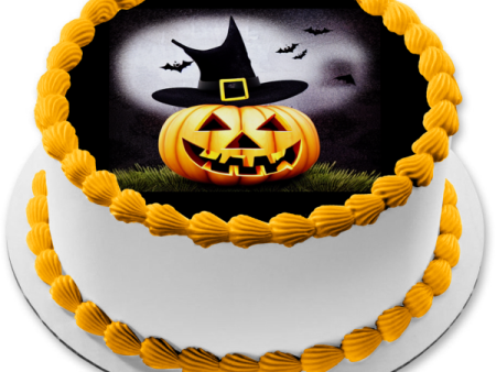 Happy Halloween Happy Jack O  Lantern Wearing a Witch Hat and Bats Flying Edible Cake Topper Image ABPID56716 Sale