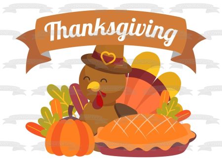 Happy Thanksgiving Turkey Pumpkin and a Pie Edible Cake Topper Image ABPID56749 Cheap