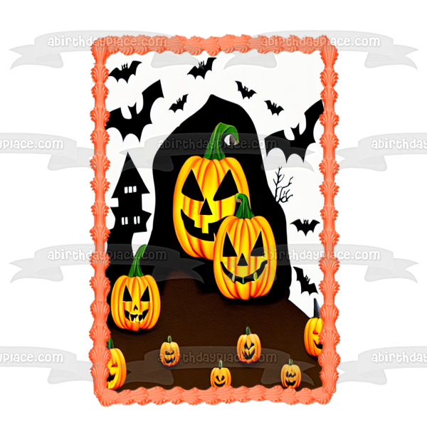 Happy Halloween Bats Pumpkins and a Haunted House Edible Cake Topper Image ABPID56715 Sale