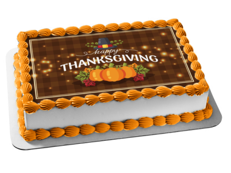 Happy Thanksgiving Pumpkins and Leaves Edible Cake Topper Image ABPID56752 Hot on Sale