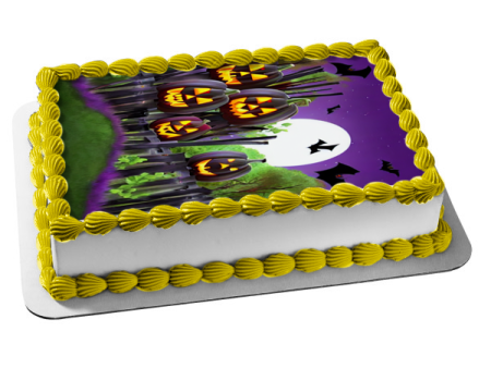 Happy Halloween Scary Pumpkins and Bats In Front of the Moon Edible Cake Topper Image ABPID56719 Hot on Sale