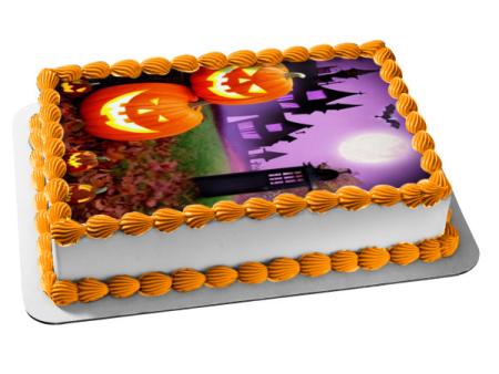 Happy Halloween Pumpkins Bats and a Haunted House Edible Cake Topper Image ABPID56712 Discount