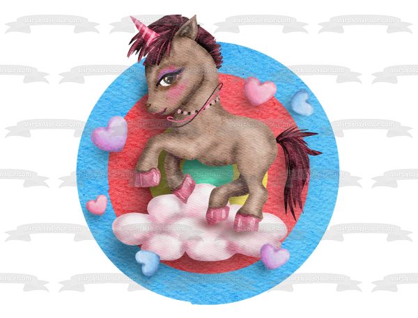 Wonderful Brown Unicorn with Pink Clouds and Hearts Edible Cake Topper Image ABPID56682 Supply