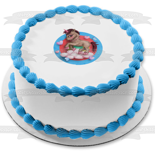 Wonderful Brown Unicorn with Pink Clouds and Hearts Edible Cake Topper Image ABPID56682 Supply