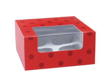 Red and Dots 4 Count Cupcake Cake Box With Window For Discount