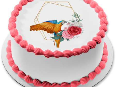 Macaw Parrot Geometric Frame with Roses Edible Cake Topper Image ABPID56674 For Discount